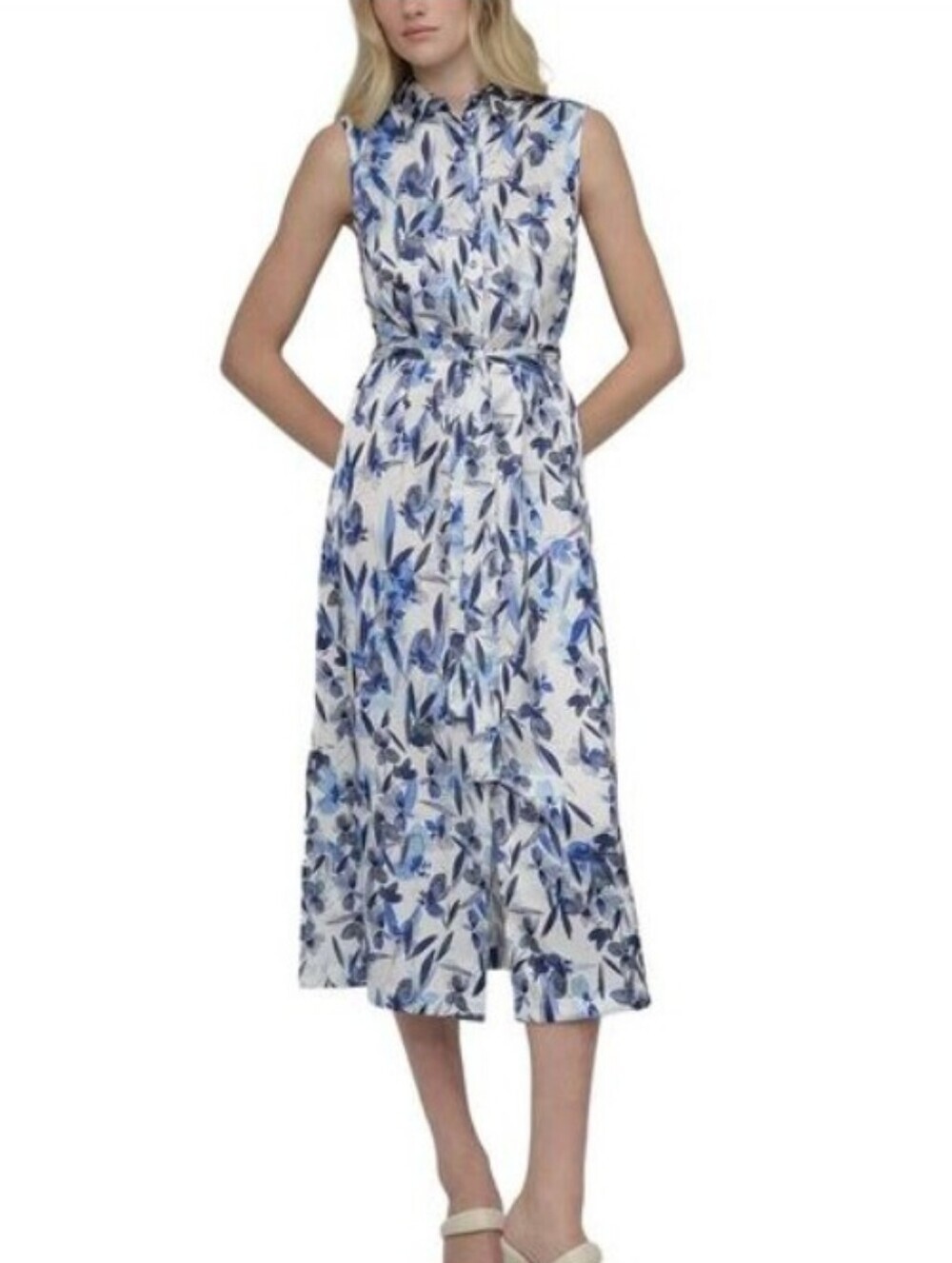 DKNY White Dress Blue Gray Floral Print Satin Button Front Dress Size 8 Summer
